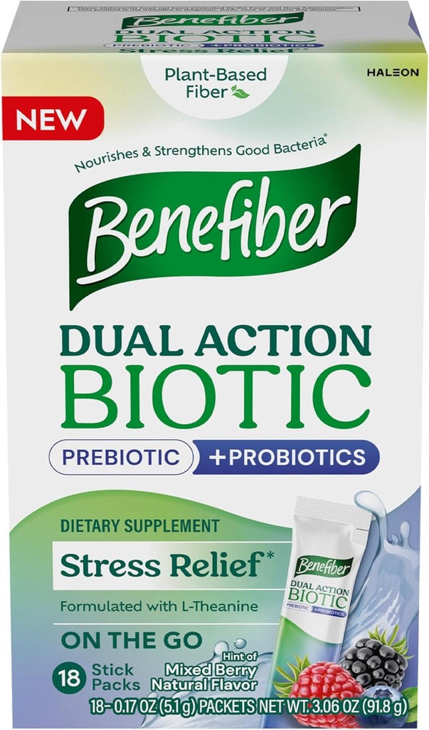 Benefiber Dual Action Biotic Plus Stress Relief, 18 Packs de Stick Comte