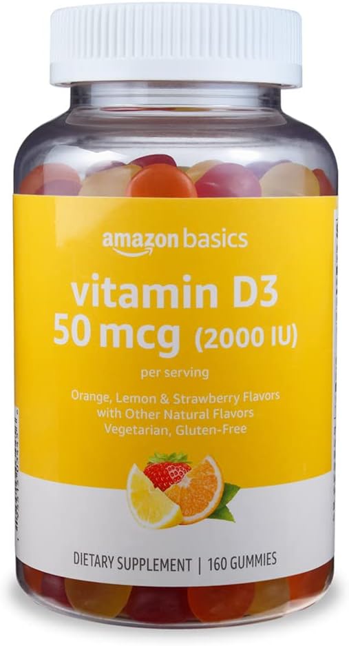 Basics Vitamin D3 2000 IU Gummies, Orange, Lemon " Strawberry, 160 count (2 per Serving) (Previously Solimo)