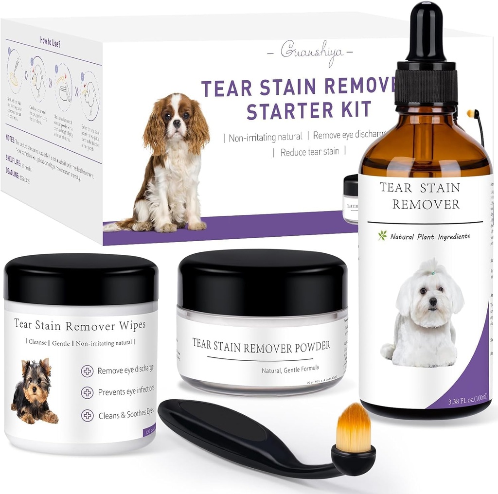 Hunde Tear Stain Remover Starter Kit- Tear Stain Remover for hunde Nænsomt at fjerne Tear Stains, Decharge & Mucus- Inkluderer Stain Solution, Applikator Pads, Stain Powder & Brush- varer 30- 45 dage