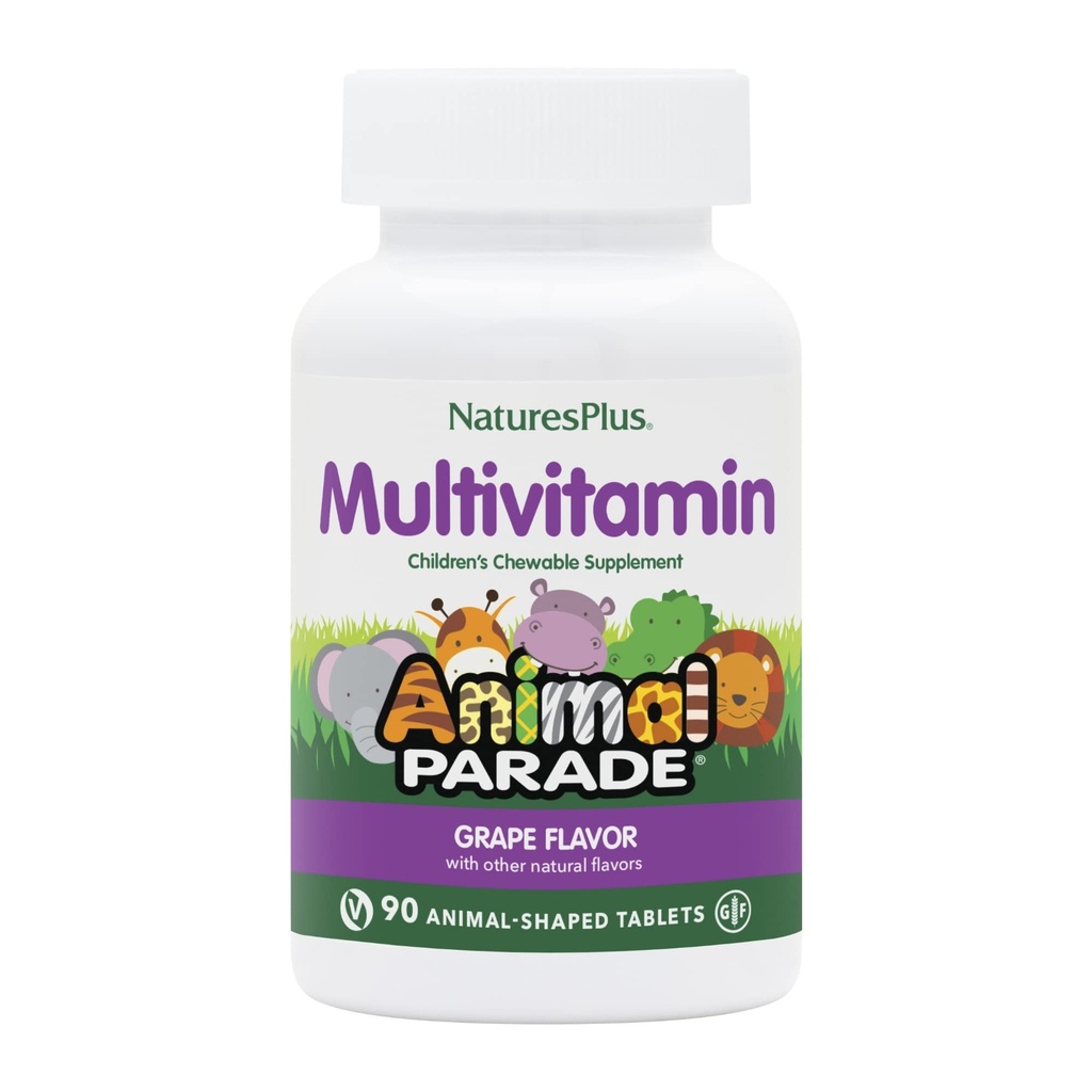 NaturesPlus Animal Parade Children's Chewable Multivitamin - Grape Flavor - 90 Animal-Shaped Tablets - Promotes Health & Well-Being - Vegetarian, Gluten Free - 45 Servings
