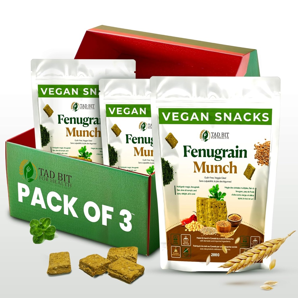 Tad Bit's Fenugrain Munch - Premium Indian Handmade Salty Vegan Snacks Crackers - Planta baseado Vegan Snacks saudáveis para adultos e crianças - Dairy Free, Sugar Free Snacks - Baixa Caloria Wheat inteiro Digestive Biscoitos (3 Pack, 600, Gram)
