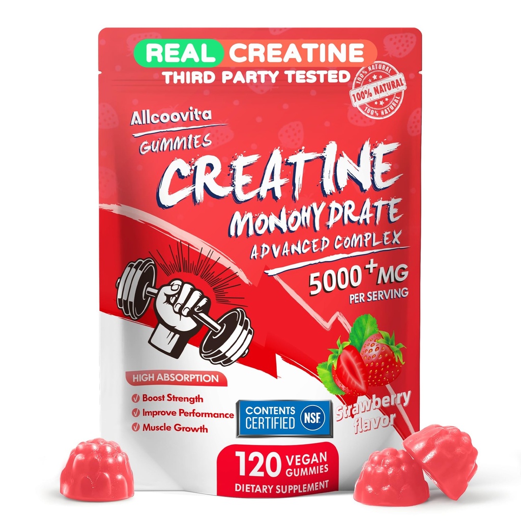 NSF Certified Creatine Gummy - Creatine Monohydrate Gummies 5000mg for Men & Women -120 Gummies Advanced Formula, Muscle Strength, Muscle Builder, Energy Boost, Pre-Workout Supplement-Strawberry