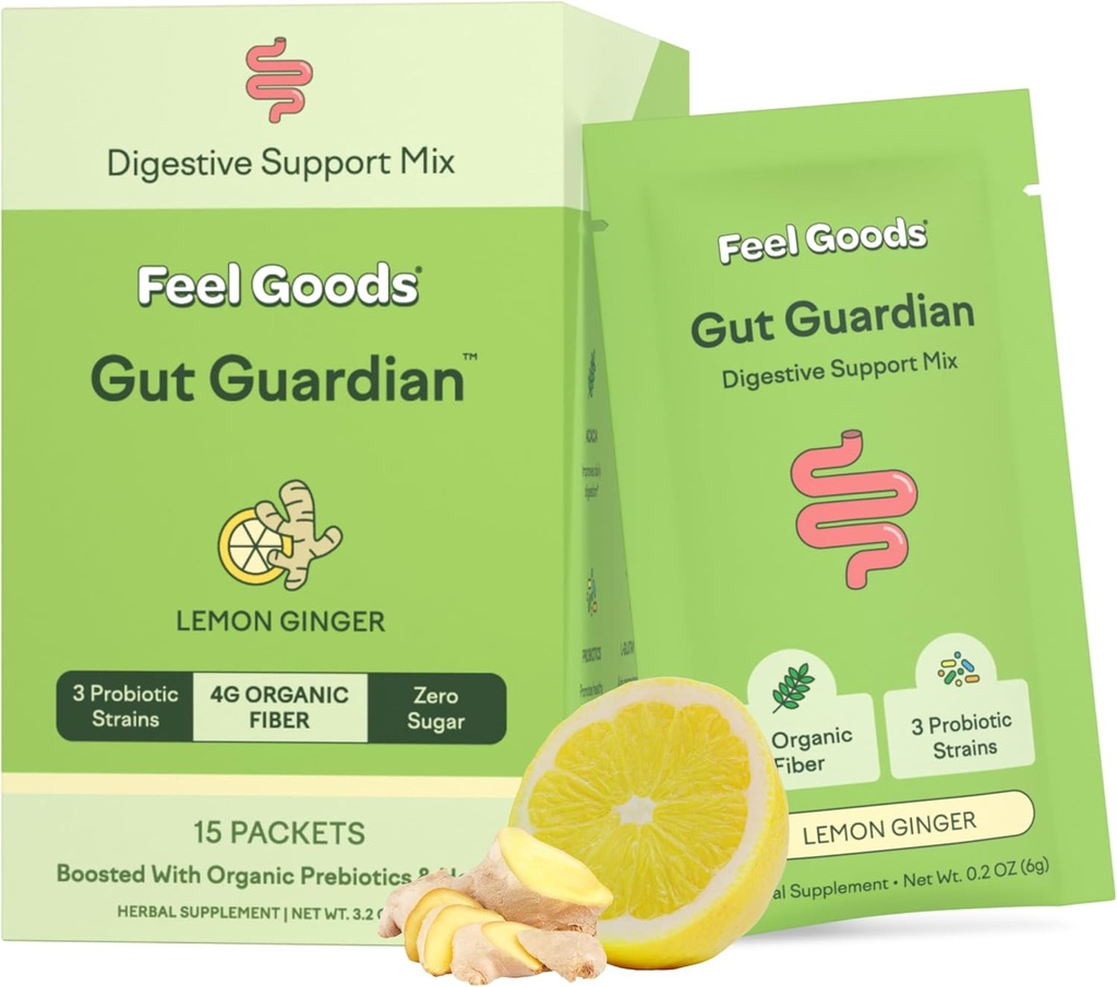 좋은 Gut Guardian, 유기 섬유, Probiotic & Prebiotic 분말, 설탕 무료, Bloat, Gut 건강 지원을위한 허브, 남성 및 여성을위한 소화 건강, 비 GMO, Vegan, Lemon Ginger, 15 조사