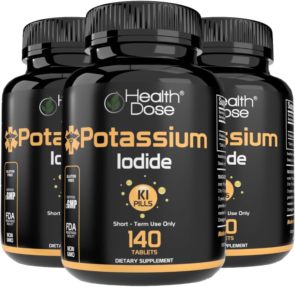 Potássio de dose de saúde + Iodeto (KI) Comprimidos – 130mg 140 Comprimidos – para suporte de tiroide, metabolismo celular e equilíbrio electrolítico – Não-GMO, Gluten-Free, GMP Certified Pack de 3