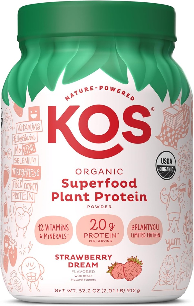 KOS Limited Edition Plant Protein Powder, Strawberry Dream - Organic Pea Protein Blend, Vegan Superfood Rich in Vitamins & Minerals for Women & Men - Made Without Dairy, Soy, Gluten - 24 Servings