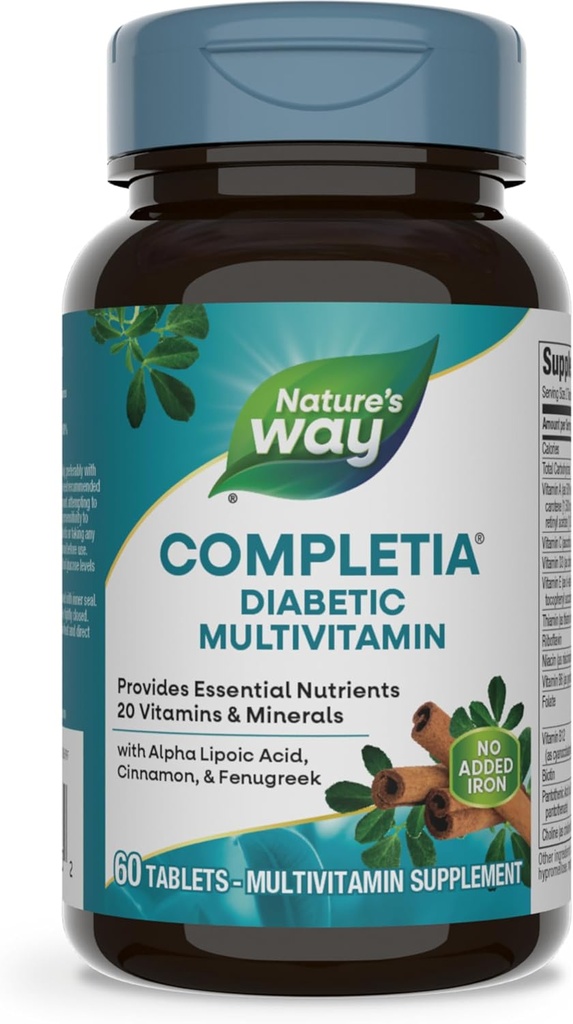 Nature's Way Completia Diabetic Multivitamin, liefert essentielle Nährstoffe, mit Alpha Lipoic Acid, Cinnamon, Fenugreek, Taurine, Lutein, High Potency B-Vitamins, 60 Tabletten (Packaging Mai Vary)