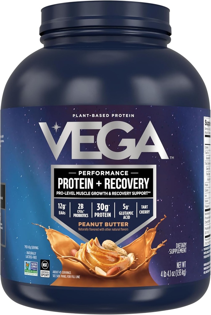 Vega Sport Vegan Protein Toz + Recovery - 30g Bitki Xidmət başına protein, Peanut Butter, 45 Xidmət, 5g BCAAs, Probiyotiks, NSF Sertifikalı, Shakes & Smoothies üçün, 4.2lbs (Paket May Vary)