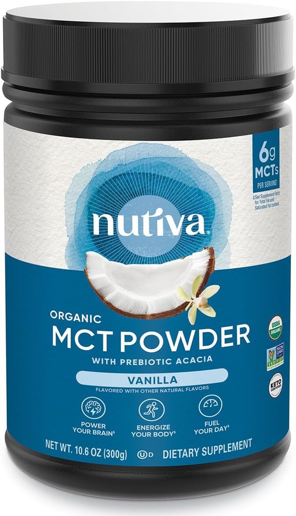 Οργανικό MCT της Nutiva Σκόνη με Prebiotic Acacia Fiber, Vanilla, 10.6 Oz, USDA Organic, Non-GMO, Non-BPA, Vegan, Gluten-free, Keto & Paleo, Instant Beverage ή Boost to Coffee & Smoothies