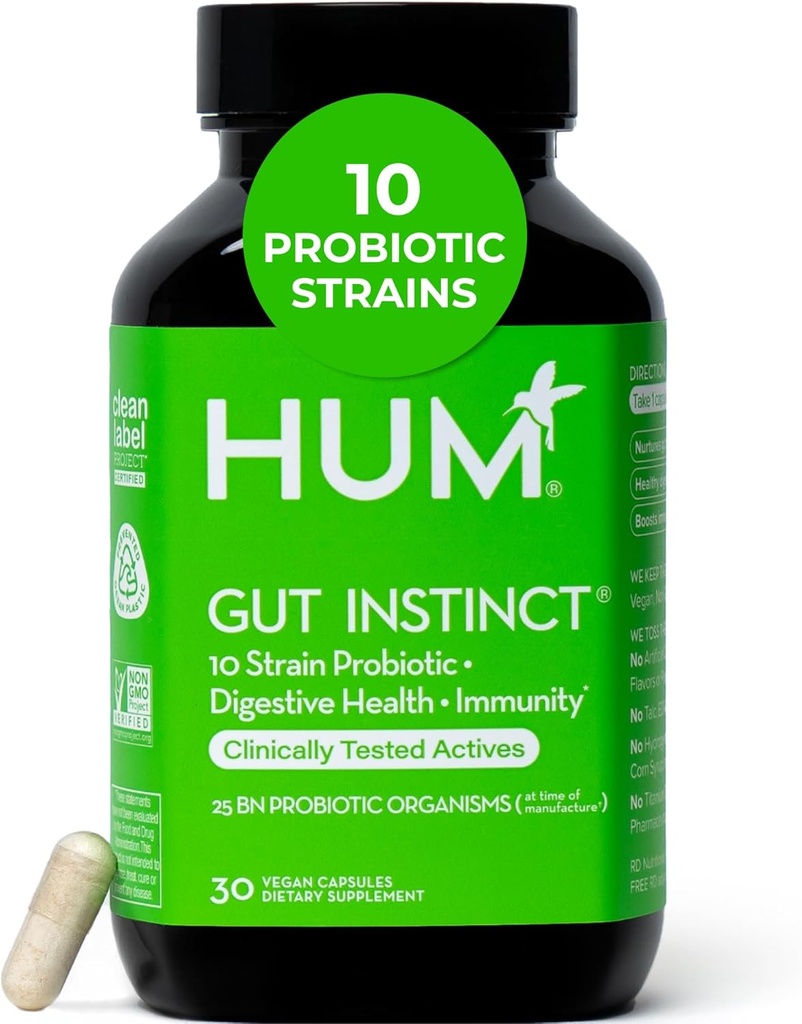 HUM Gut Instrict Daily Probiotics for Women and Men, Digestive Health, Lactobacillus, Bifidobacterium Щамове за имунна подкрепа, Probiotic Доплащане за здравословно разнообразие на Gut, 30 капсули