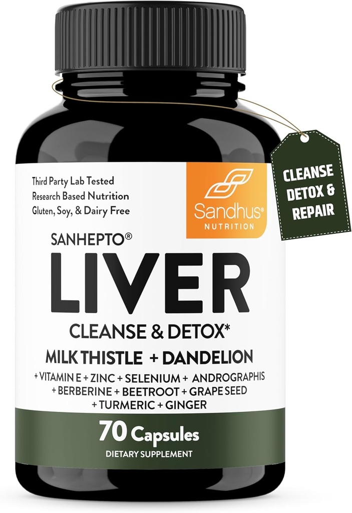 Sandhu 's lever rense Detox & Repair Support Medical 124; 70 kapsler (pakke med 1) Medicine supplement til leversundhed Medicine Thistle Dandelion Root Andrographis med 8 Minerals