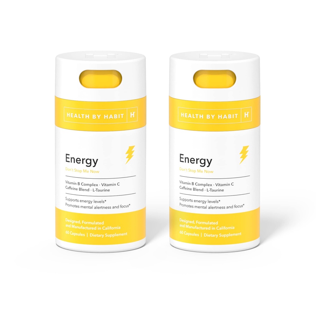 Health by Habit Energy Supplement 2 Pack (120 Capsules) - Natual Caffeine Blend, Vitamins B & C, Supports Energy Levels, Promotes Mental Alertness and Focus, Vegan, Non-GMO, Sugar Free (2 Pack)
