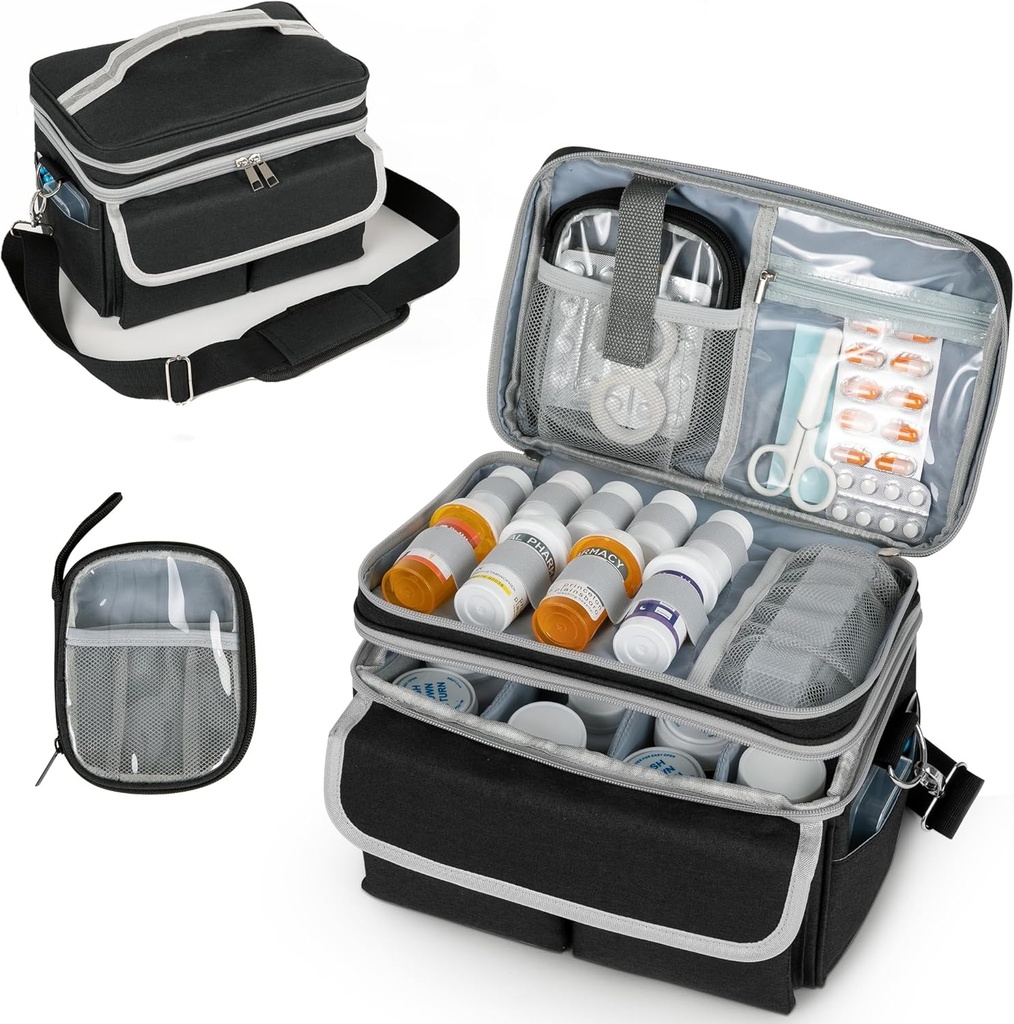 אחסון תרופות, Pill Bottle ארגן עם Shoulder, Travel Medicine Organer Box, First Aid Kit with Portable Small Bag, אורגן בקבוק ריק שחור