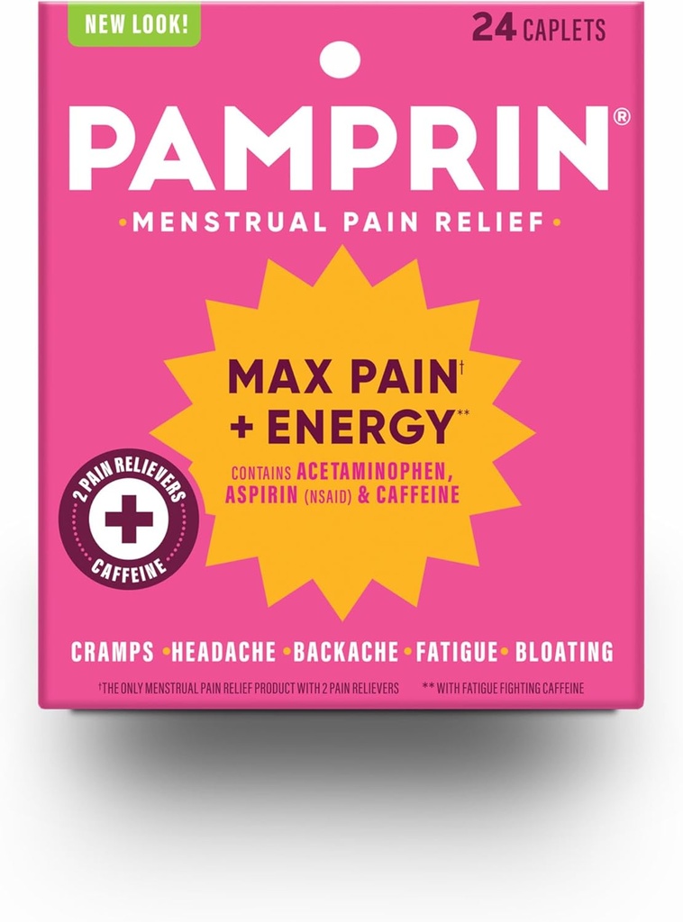 Pamprin Maksimalus stiprumas Max skausmo ir energijos formulė, Menstruacinis laikotarpis Simptomai palengvėjimas rampos, Bloating ir nuovargis, 24 kapsulės