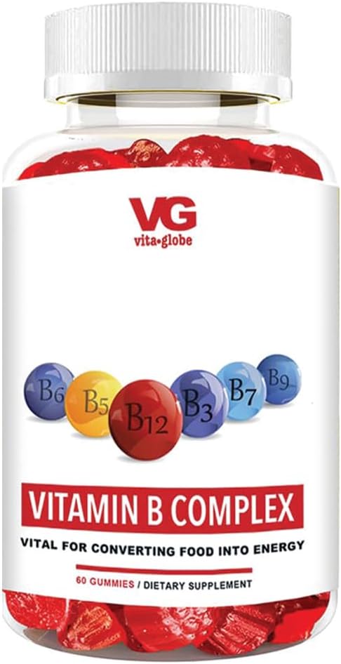 VITA GLOBE B bitamina konplexua - Strawberry Flavor C bitaminarekin, Niacin, B6, B12 eta Biotinarekin | Energia, Metabolismo eta Elkarlaguntza kognitiboaren eguneroko osagarria | 60 Gummies (1eko paketea)