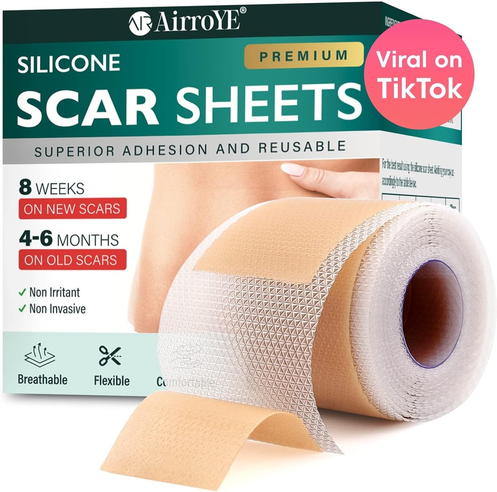 Folhas de Silicone Scar, Fita de Silicone Scar (1,6"x 120" Roll-3M), Folhas de remoção de cicatriz reutilizáveis e eficazes, Folhas de remoção de Silicone Scar para cicatrizes cirúrgicas, Keloid cura, C-secção, Tuck barriga
