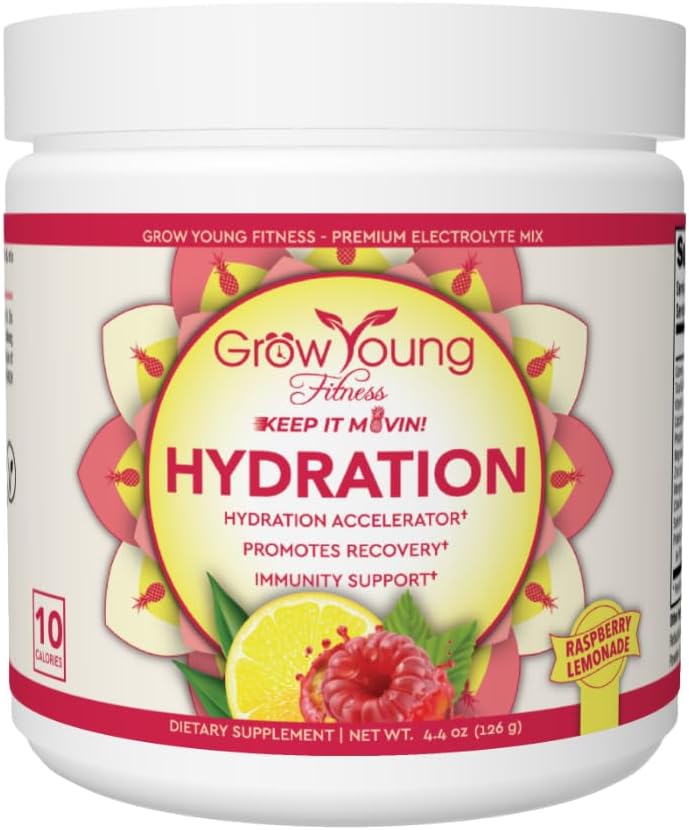 Växa Young Fitness Hydration Powder - Raspberry Lemonade, Premium Electrolyte Mix för proaktiv Hydration, vitaminer och sockerfri (1 Pack, 30 portioner)