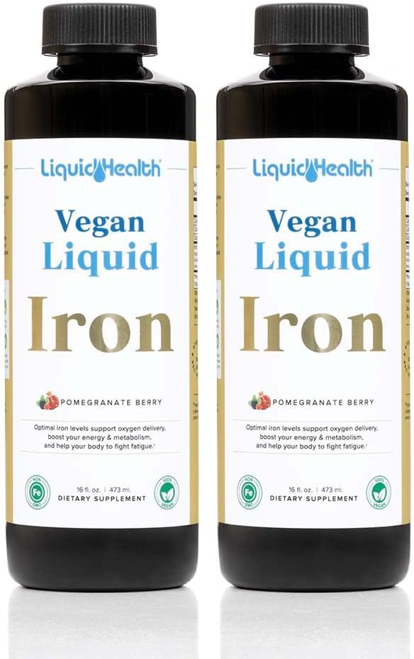 LIQUIDHEALTH Vegan Liquid Iron dodatek s SunActive & Ferrochel Fe - Naravna energija, Imunski sistem in metabolična podpora, povečanje duševne jasnosti, Prednatal/Postnatal - ZDA Made, Non-GMO (2 Pack)
