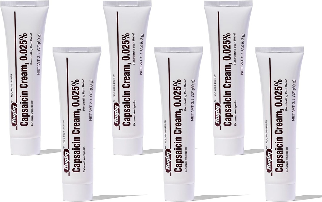 Rugby Capsaicin 0,025% Cream för penetrerande smärtlindring - 2.1 Oz (60g) (6 Pack)