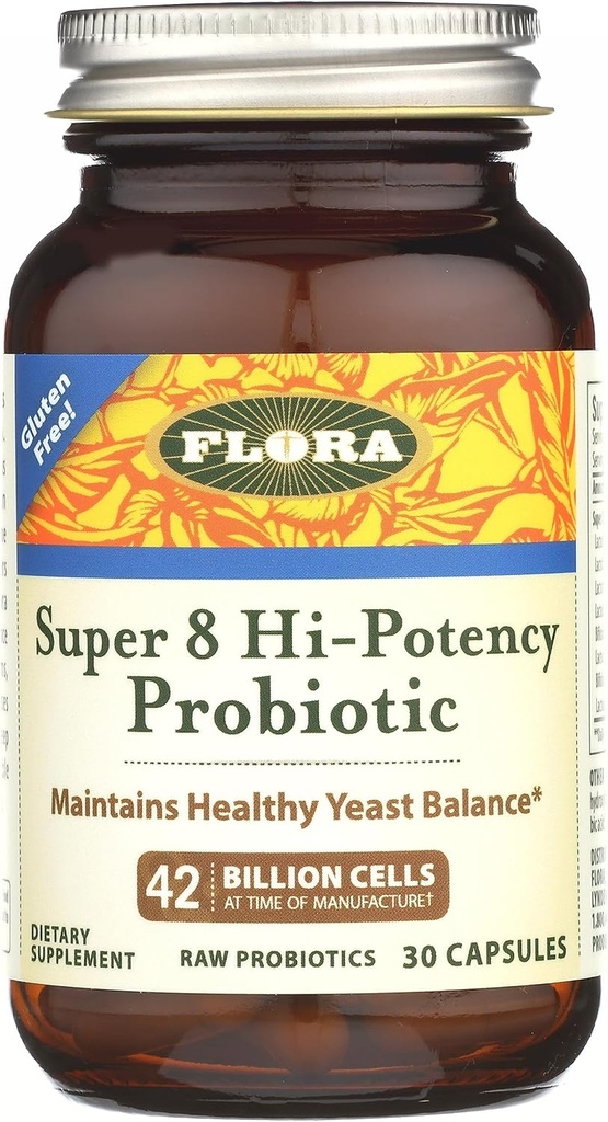 Flora Super 8 Hi Potency Probiotics 30 Count - Gesunde Hefe Balance & Digestive Gesundheit - für Männer & Frauen - 42 Billion CFU, Rohe, Glutenfrei - Bis zu 1 Monat Versorgung