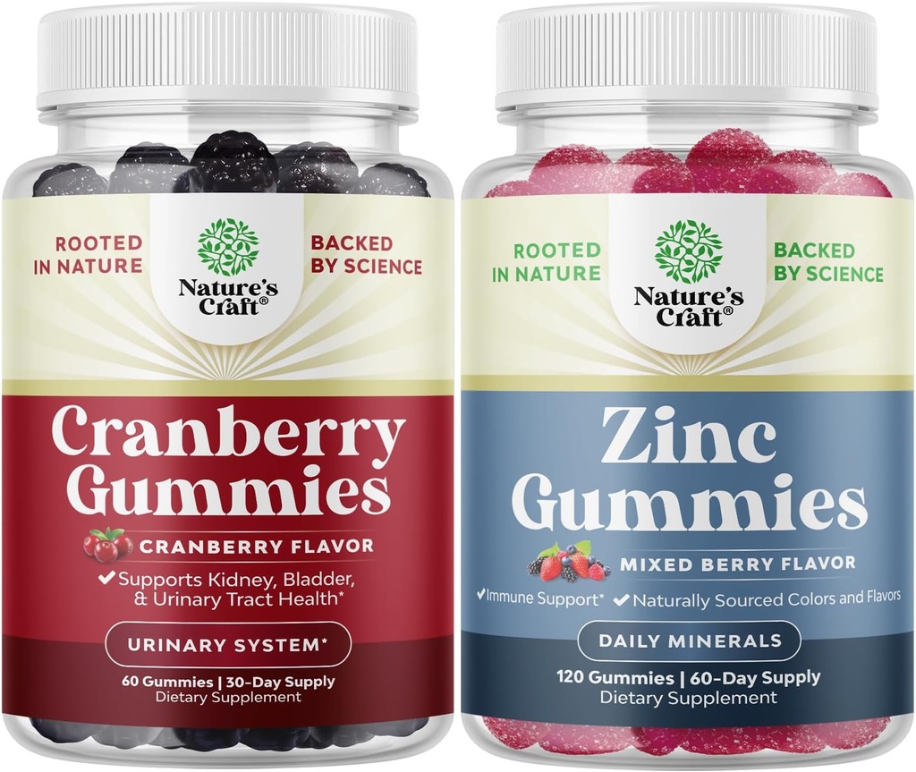 Bundle of Natural Cranberry Gummies for Women and Men and Extra Strength Zinok pre dospelých - Extra sila Delicious Antioxidant Cranberry Chews - Chewable Zinok Citrate 50mg Imunity