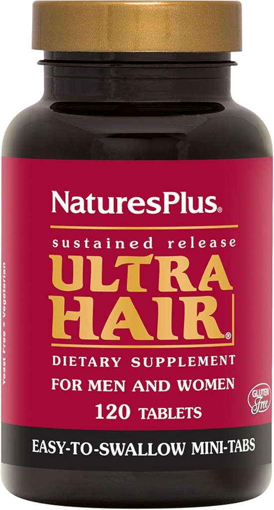 Natures Plus Ultra Hair, Continue Release - 120 Лесно за преглъщане Мини таблети - Природен растеж на косата за мъже и жени Допълнение - По-дълга, по-плътна коса - вегетарианска, без глутен - 30 Сервиз