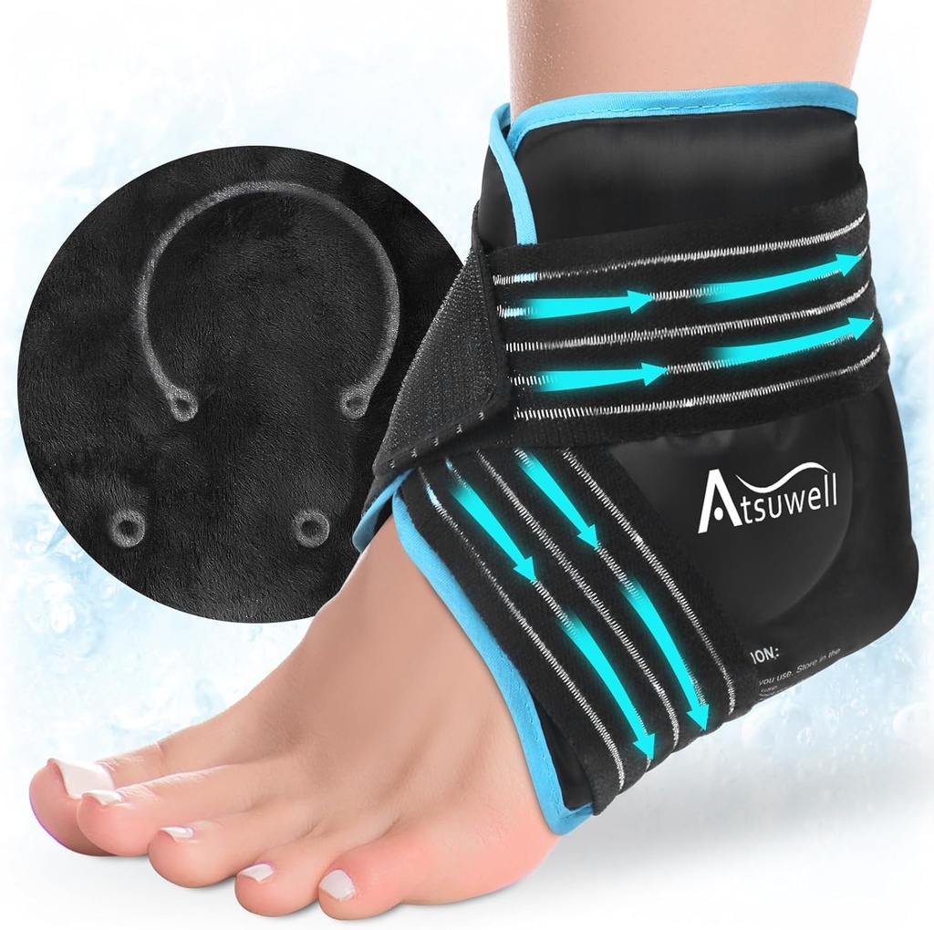 Atsuwell Ankle Ice Pack Wrap, Reutilizabil Gel Ice Pack pentru Foot Ankle Heel, Picior Ice Wrap cu moale Plush Lining, Cold Compress Terapie pentru Soothing Discomfort, Negru