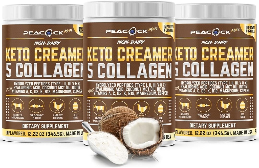 Collagen Keto Coffee Creamer Powder 12.22 oz, 包装 3, 用椰子MCT水解Collagen Peptides 石油、镁、无味蛋白粉、无糖咖啡