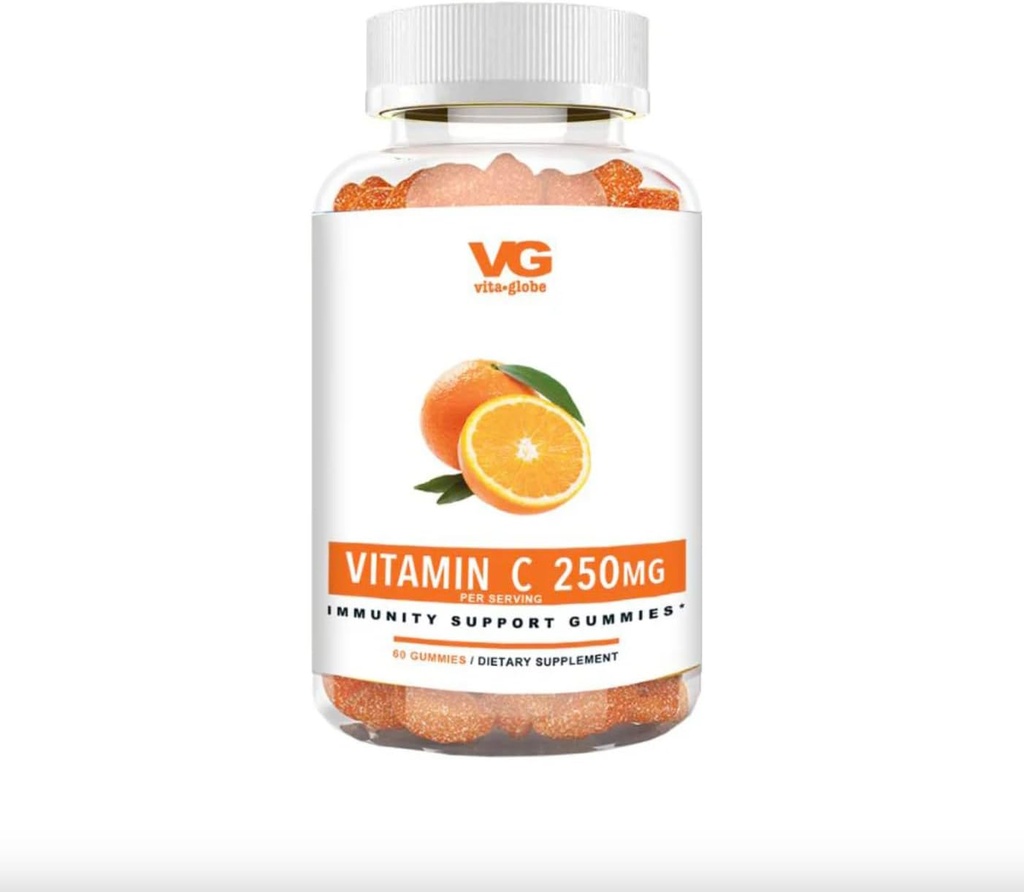 VITA GLOBE Vitamina C 250mg Gummy Vitamine- Sistema immunitario Booster, Non OGM, Vegan e Natural Orange Flavor, 60 conteggio (Pack of 1)