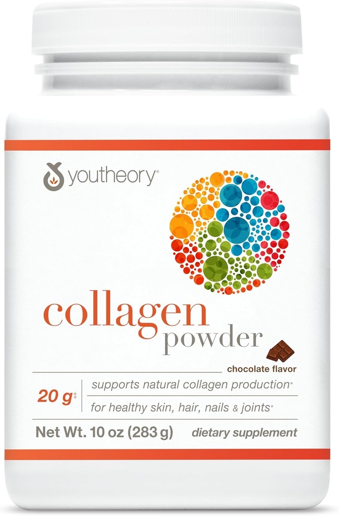Youtheory Collagen Powder - with Amino Acids, Mineces, Vitamin C & B7 (Biotin) - Support Heally Bones, Muscles, Nails, Skin & Joints * - hydrolyzed - Chocolate - 10 oz (12 Pelayan)