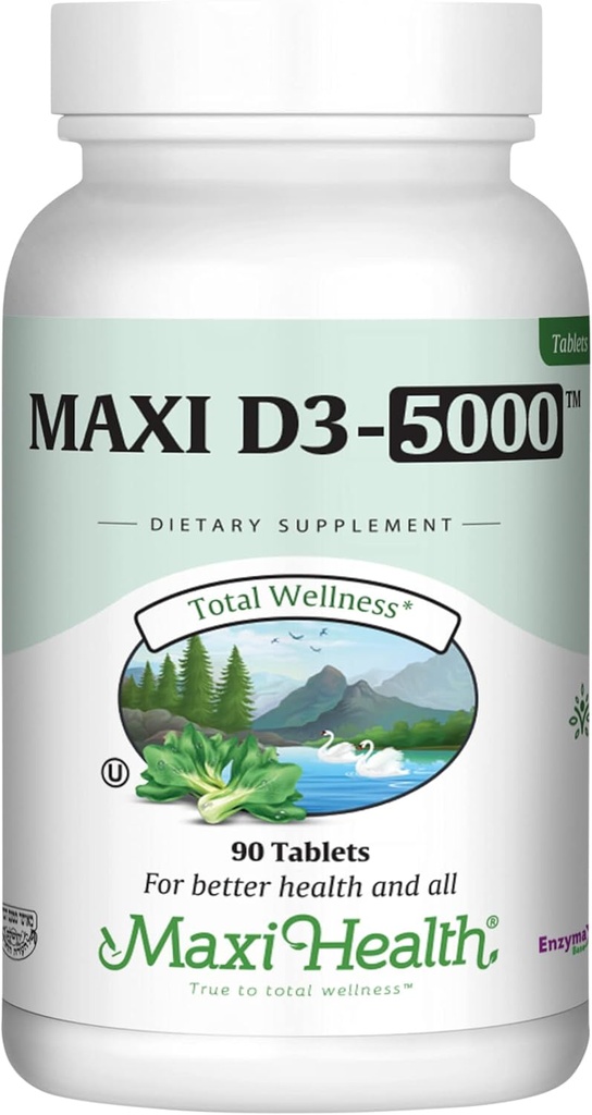Maxi Health Vitamin D3 5000 IU (125 mcg) - High Dose Vitamin D 5000 IU - Healthy Bones, Teeth, Imune Dukungan - Kosher Pure High Potency Vit D3 (90 Tablet)