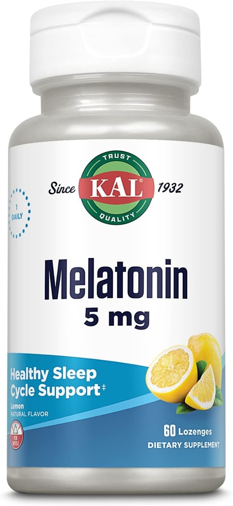 KAL Melatonin 5mg Shozzenges, Melatonin suplementaris ajuda a dormir, calmant la calma i un cicle de son de salut, amb afegit Bratamina B6, Vegetarian, Natural Llimona Flavor, 60 Lozenges