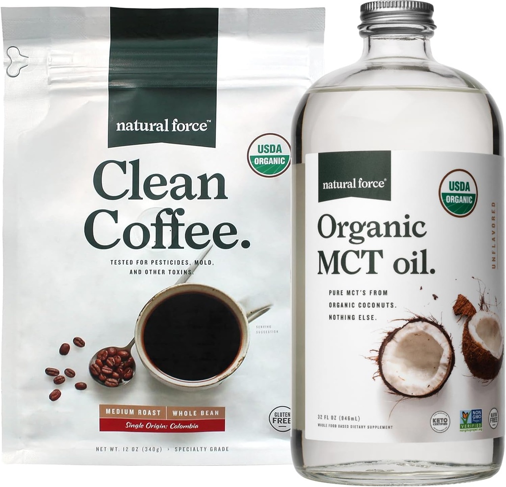Natural Force Organic Clean Coffee + Organic MCT Oil Bundle – 100% puro Coco MCTs & Mold & Mycotoxina Free Coffee – Non-GMO, Keto, Paleo, e Vegan - 12 Oz Bag e 32 Oz garrafa de vidro