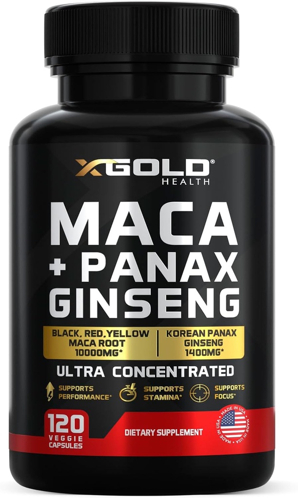 Maca Root Kapsle 10 000 mg + Korean Panax Ginseng 1 400 mg - 20x Koncentrovaný extrakt černý + červený + Žlutý Maca Root, 10x Koncentrovaný extrakt Panax Ginseng Kapsle - Ultra potent & high purified