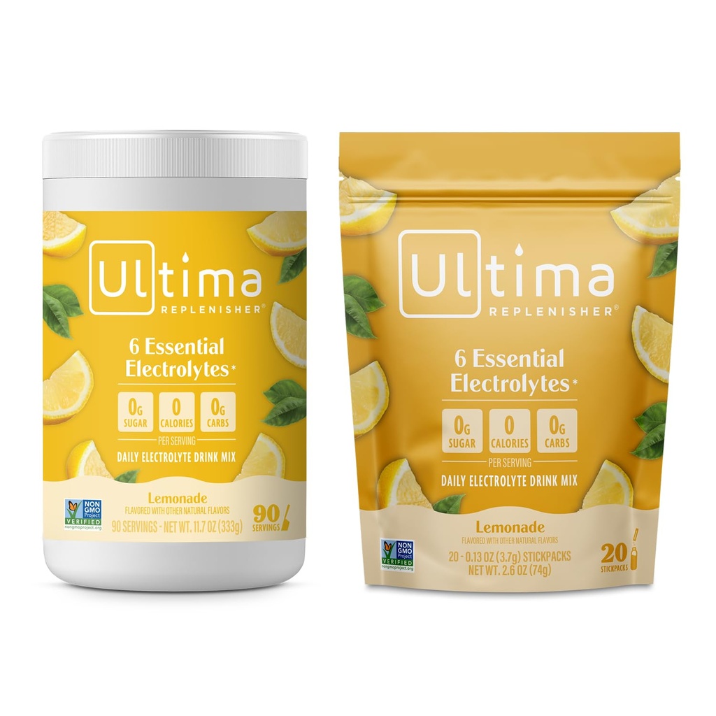Ultima Replenisher Electrolyte Powder Drink Mix Bndle – Sugar Free – Lemonade, 90 Serving Canister and 20 Stickpacks – 6 Electrolytes and Minerals – Keto Friendly, Vegan, Non-GMO