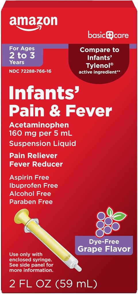 Pain ' Fever, Acetaminophen 160 mg per 5 mL, Suspension Liquid, Dye-Free Grape Flavor, 2 fl oz (Pack of 1)