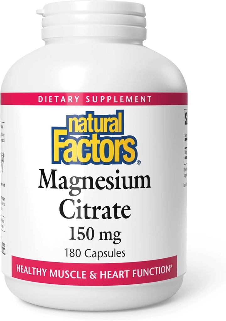 Naturlige faktorer, Magnesium Citrat 150 mg, Muskel- og hjertehelseformula, 180 kapsler