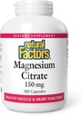 Factores naturais, citrato de magnesio 150 mg, Fórmula de saúde muscular e cardíaca, 180 cápsulas.