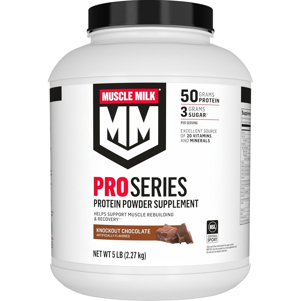 Muscle Milk Pro Series Protein Dodatek, Knockout Chocolate, 5 liber, 28 Servings, 50g Protein, 3g Cukr, 20 Vitamíny & Minerály, NSF Certified for Sport, Workout Recovery