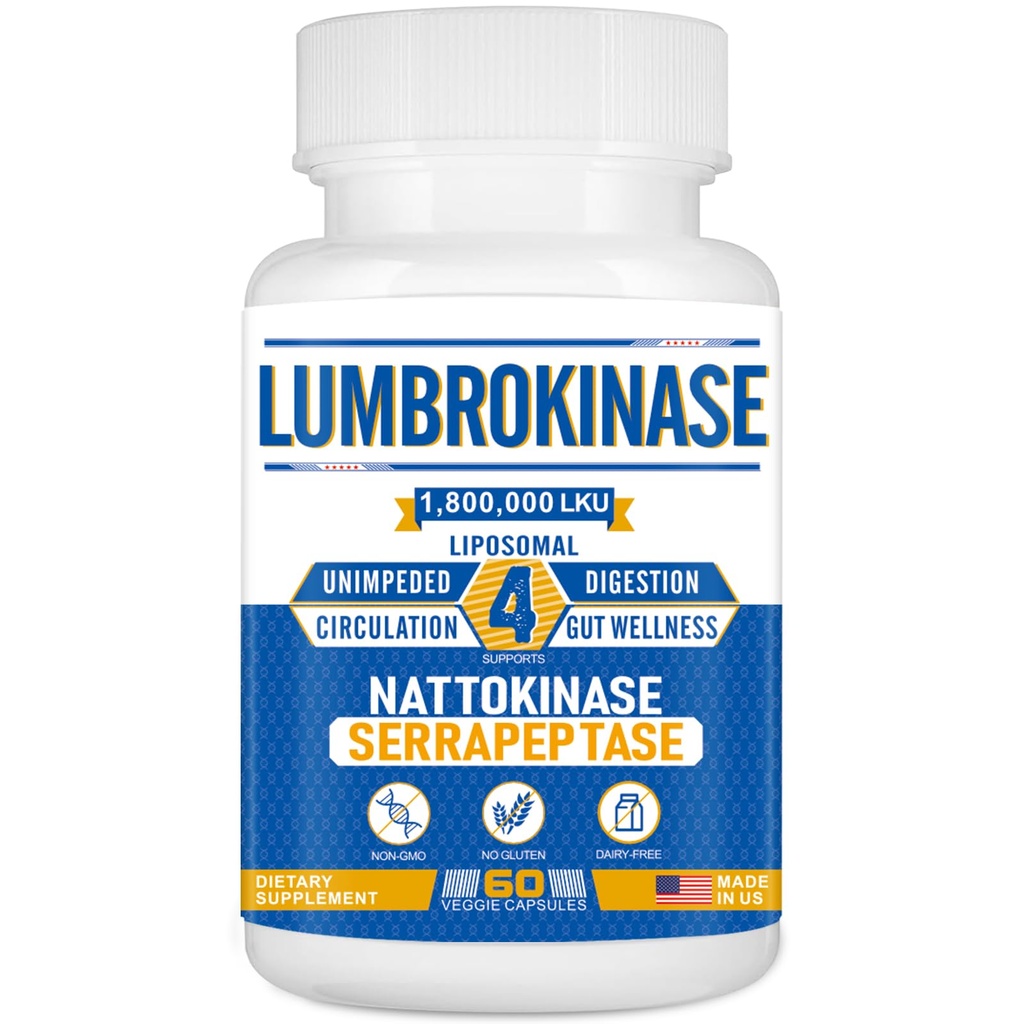 Liposomal Lumbrokinase Nattokinase Serrapeptase Complex, Lumbrokinase Supplement for Circulation Heart Health and Digestion,60 Capsules