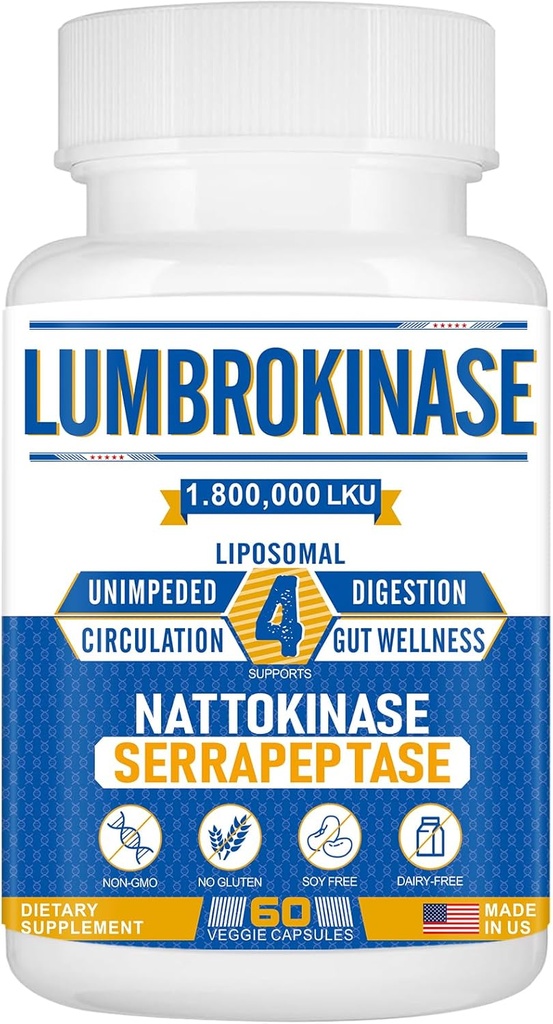Liposomomal Lumbriness Nattokines Serraptes Complex, Lumbriness supplement for the firstment heart and Dixestion, 60 Capsoles