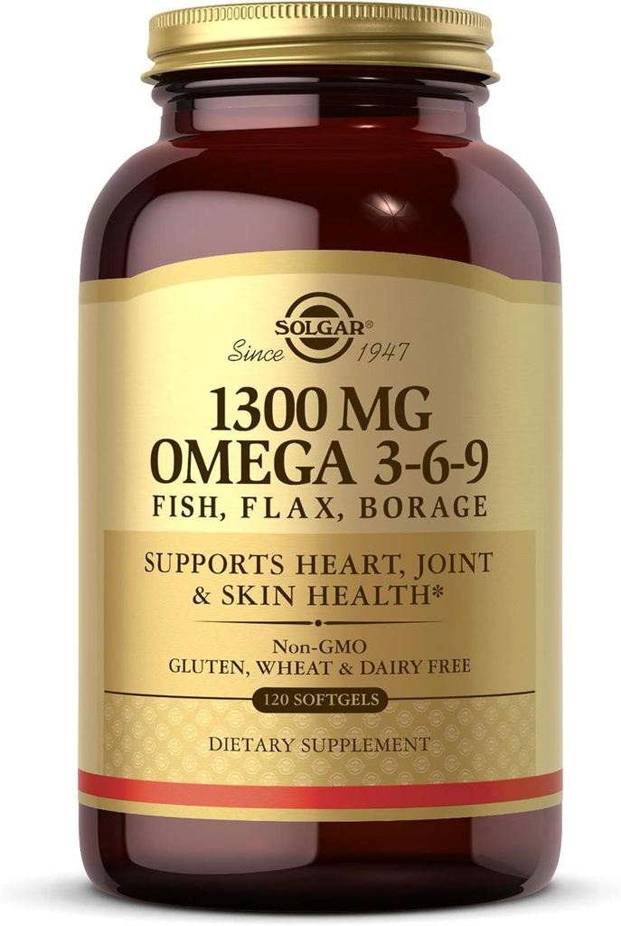 Solgar 1300 mg Omega 3-6-9, 120 Softgels - Suplimentul ulei de pește - Suport pentru sănătatea articulară și a pielii - Include semințe de in și Boraj - Conține EPA & DHA Omega 3 acizi grași - 40 Serviri