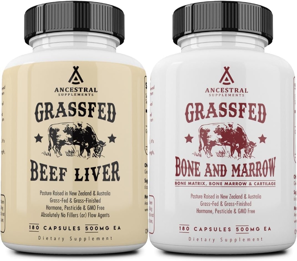Ancestral Kosttilskud Grassefed Beef Lever & Bone Marrow Kapsler, 3000mg, Understøtter energi, fordampning, Immunitet, Hud, Oral Health, Fælles Wellness, Non- GMO, Frysetørret, 180 Kapsler, (Bundle 2 Pack)