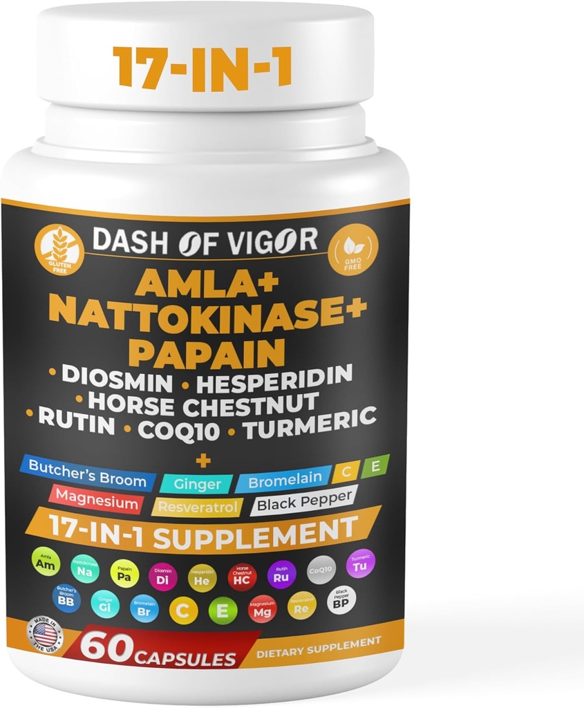 Dash of Vigor 17-in-1 Amla Extract, Papain תוסף, Nattokinase Diosmin Hesperidin תוסף, CoQ10 עם פלט Turmeric, תמצית צ'סטגוז סוסים, ויטמין C ו Rutin, ארה"ב, 60 קפסולות