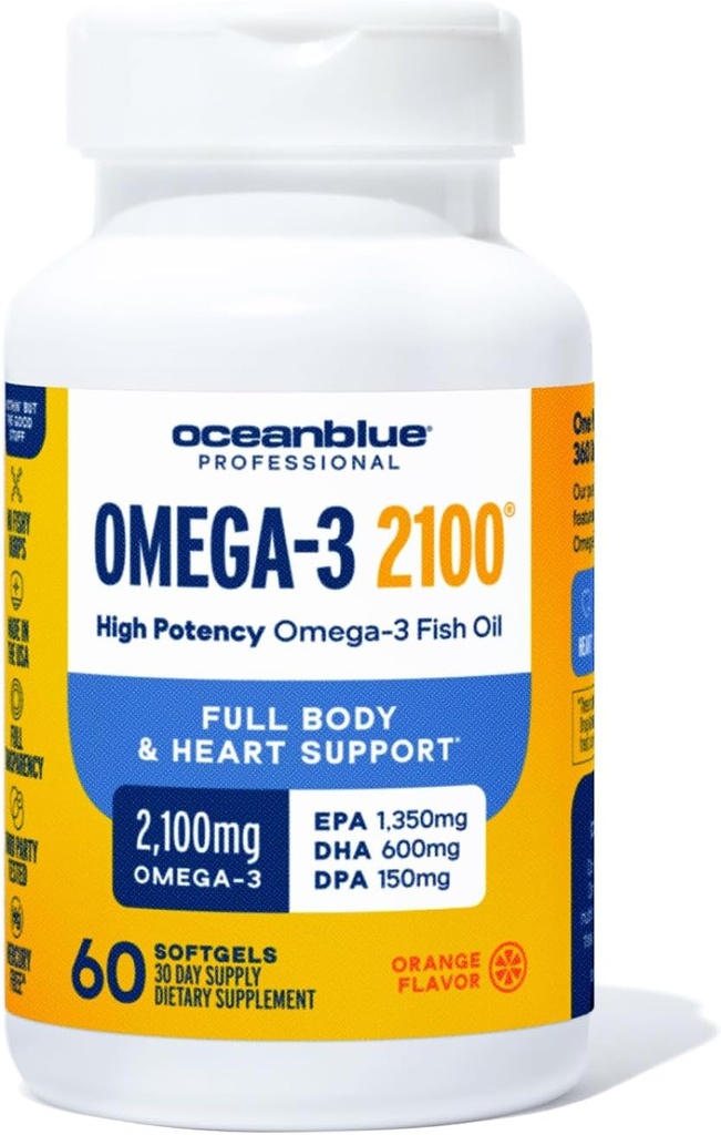 海洋蓝专业Omega-3 2100-60 计数 - 高概率三重强度无鱼油补充剂,配有环保局,DHA & DEA - Orange Flavor, 30名服役人员