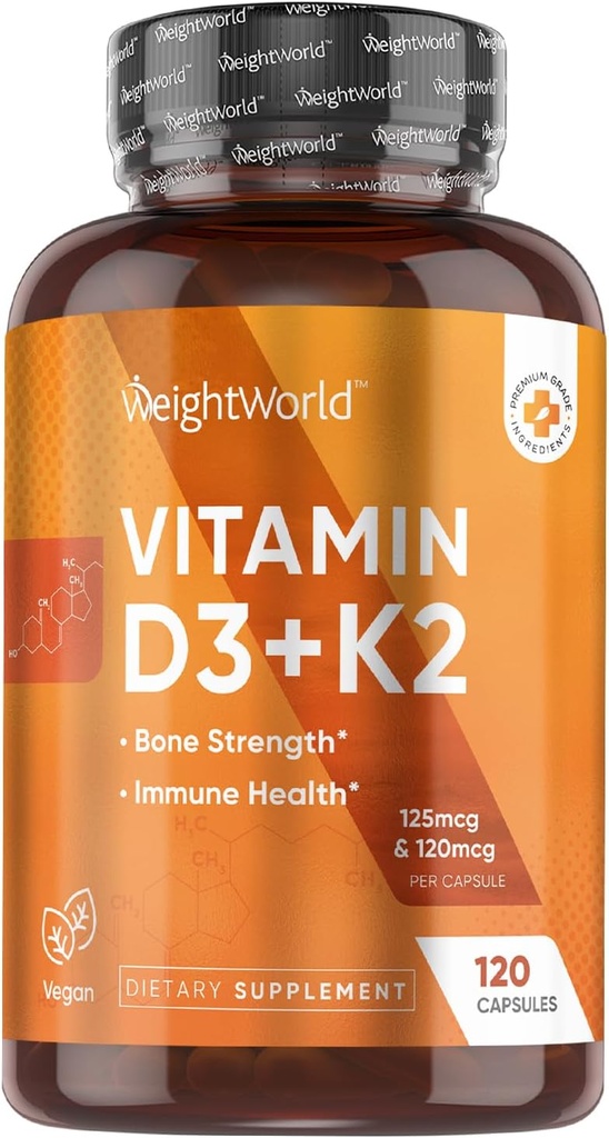 WeightWorld Vegan Vitamina D3 K2-120 Cápsulas - 5000 UI D3 & K2 120mcg para força óssea e saúde imunitária – K2 D3 Suplemento de vitamina vegetal baseado em colecalciferol de Lichen selvagem-coberto