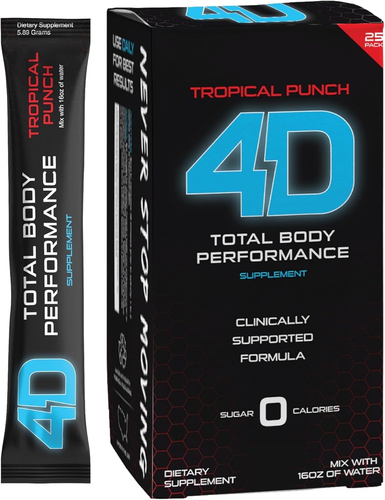4D - Tropical Punch 25 Unit Box-Vitamins & Energy Powder Packets - Zero Calories & Sugars - Gluten Free, Non-GMO, Keto & Vegan Friendly