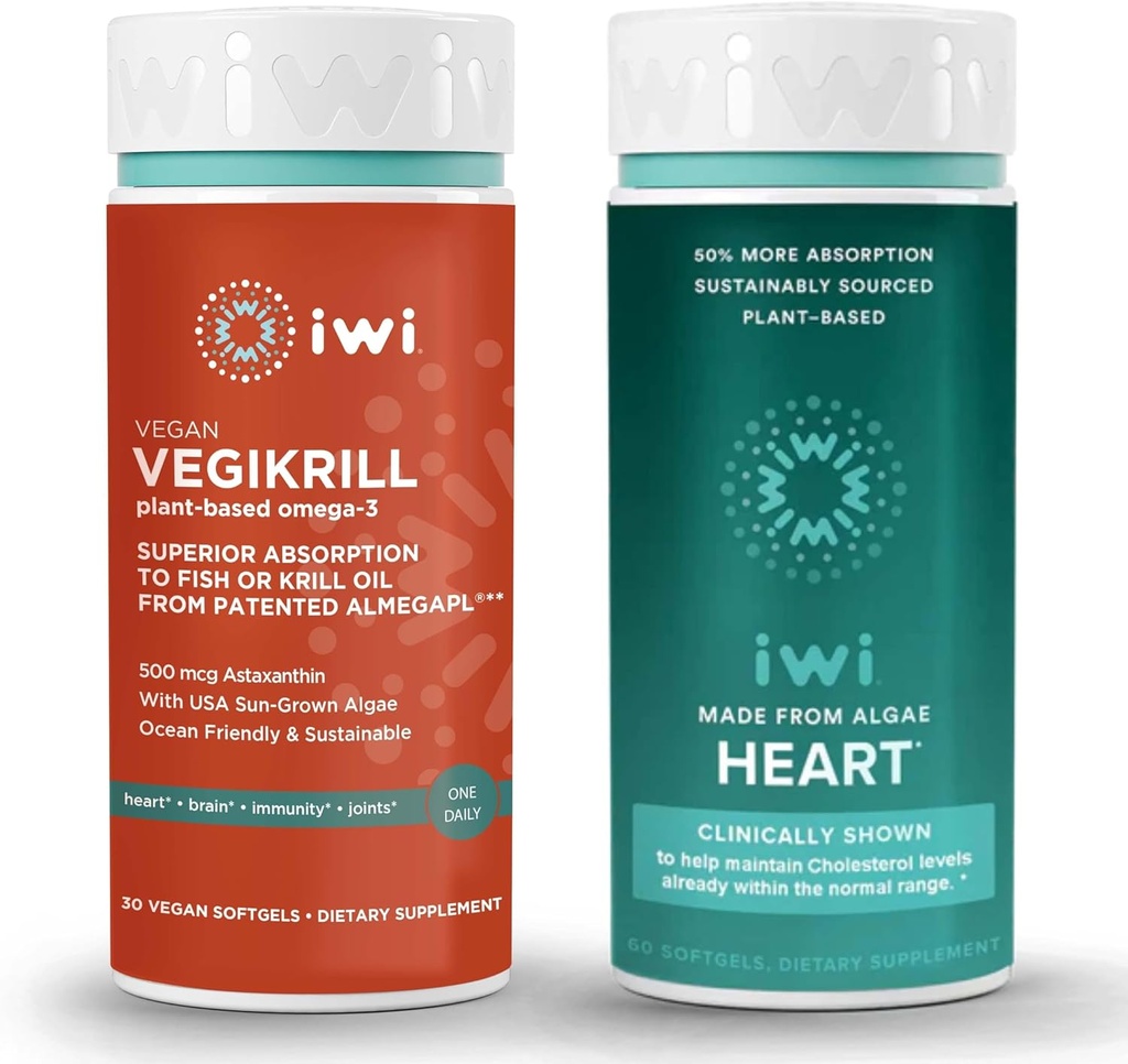 iwi Life Vegikrill & Heart Omega-3 Bundle, 30 Servings, Vegan Plant-Based Algae Omega 3, Krill & Fish Oil Alternative, No Fishy Aftertaste