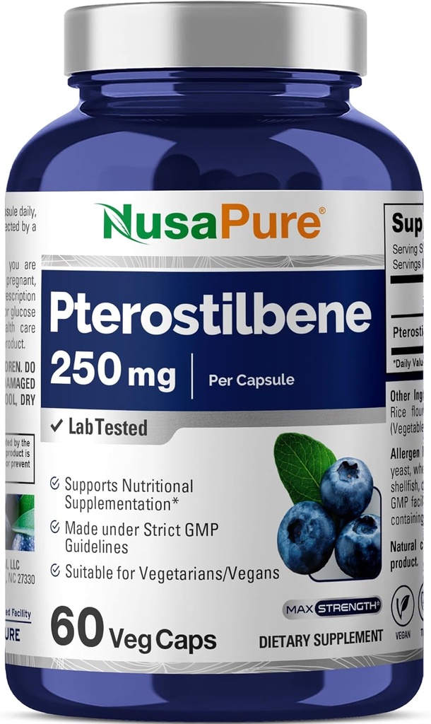 NusaPure Pterostilbene 250mg por Veggie Caps, 60 Count (Non-GMO, Vegan)