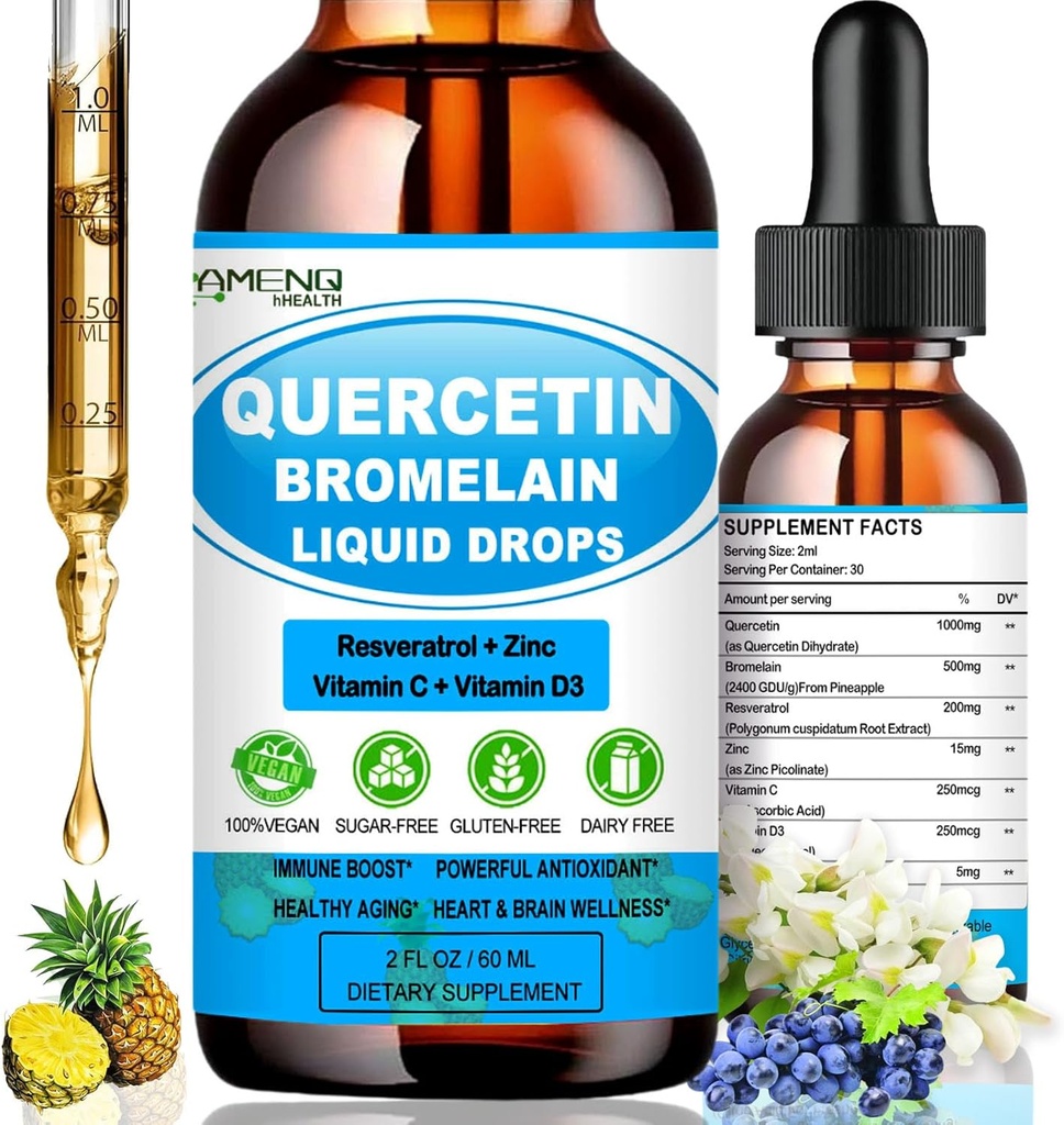 Quercetin з вітаміном С і цинком - Quercetin Liquid Drops - Quercetin з Bromelain - Цинк Quercetin - Імунна підтримка добавки для респіраторного здоров'я та реагування на тіло до особливих алергій