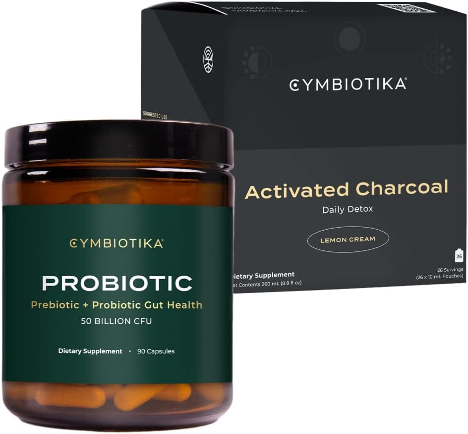CYMBIOTIKA Probiotic 50 Billion CFU & Activated Charcoal Liquid Supplement, Supports Healthy Digestion for Men & Women, Stomach Detox & Digestive Relief, Helps Alleviate Gas & Bloating, Easy to Use